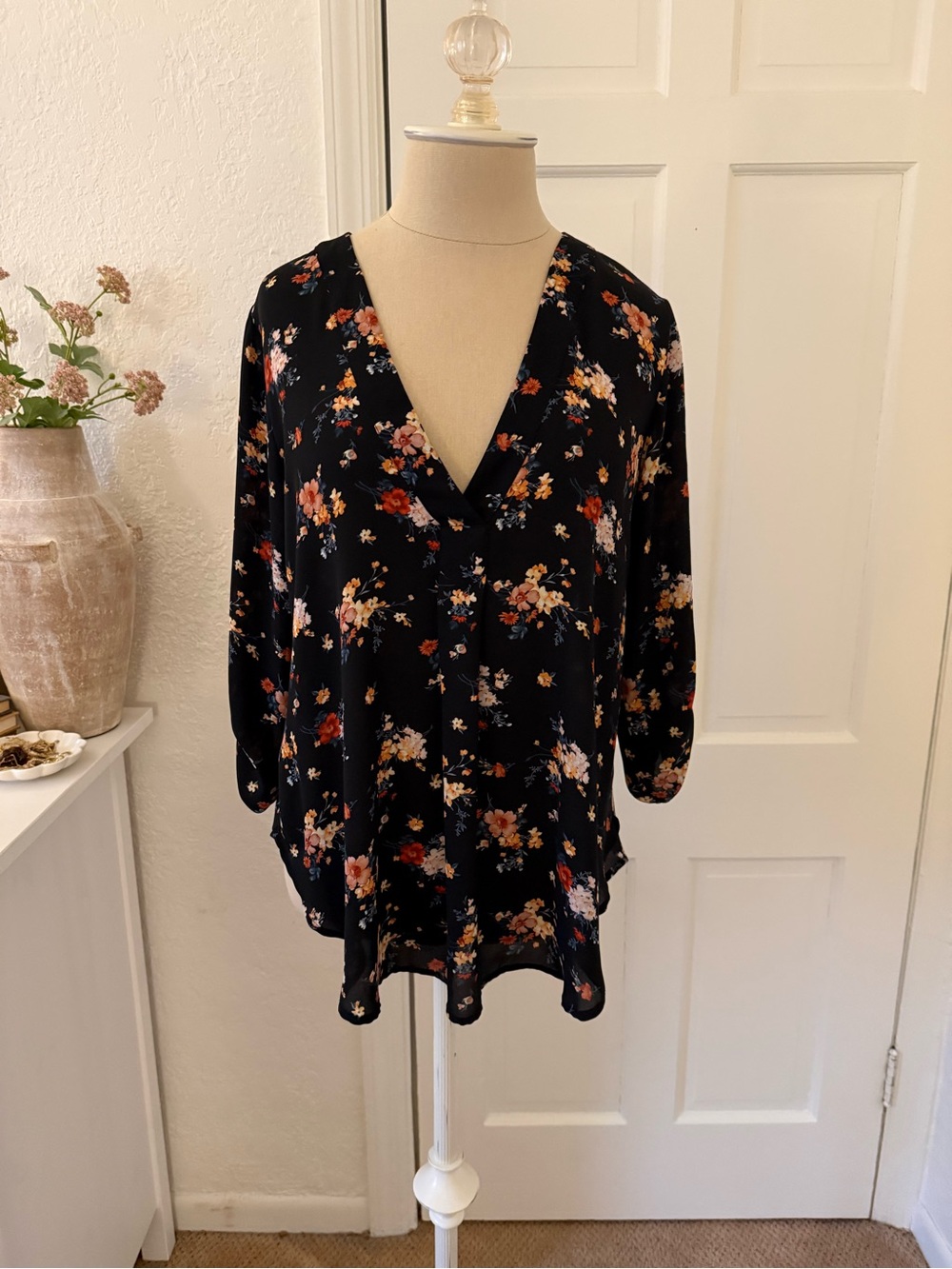 Dry Goods Lush Black Floral V-Neck Blouse with Rust and Cream Accents